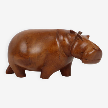 Figurine de sculpture en bois de teck massif hippopotame vintage