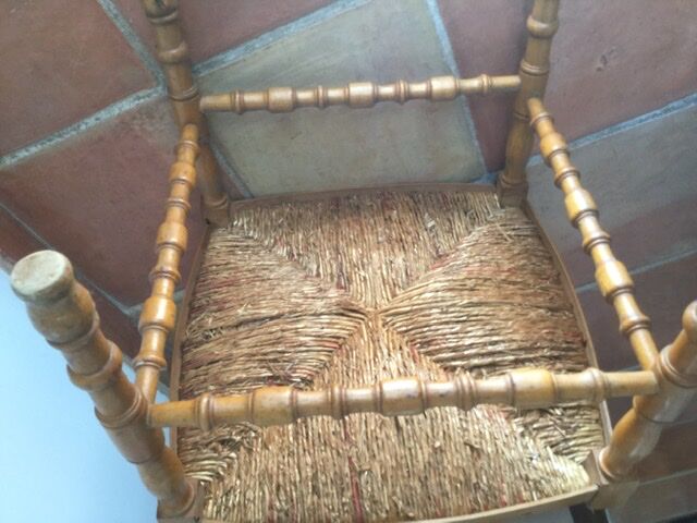 Turned wooden fire corner armchair, mulched seat
