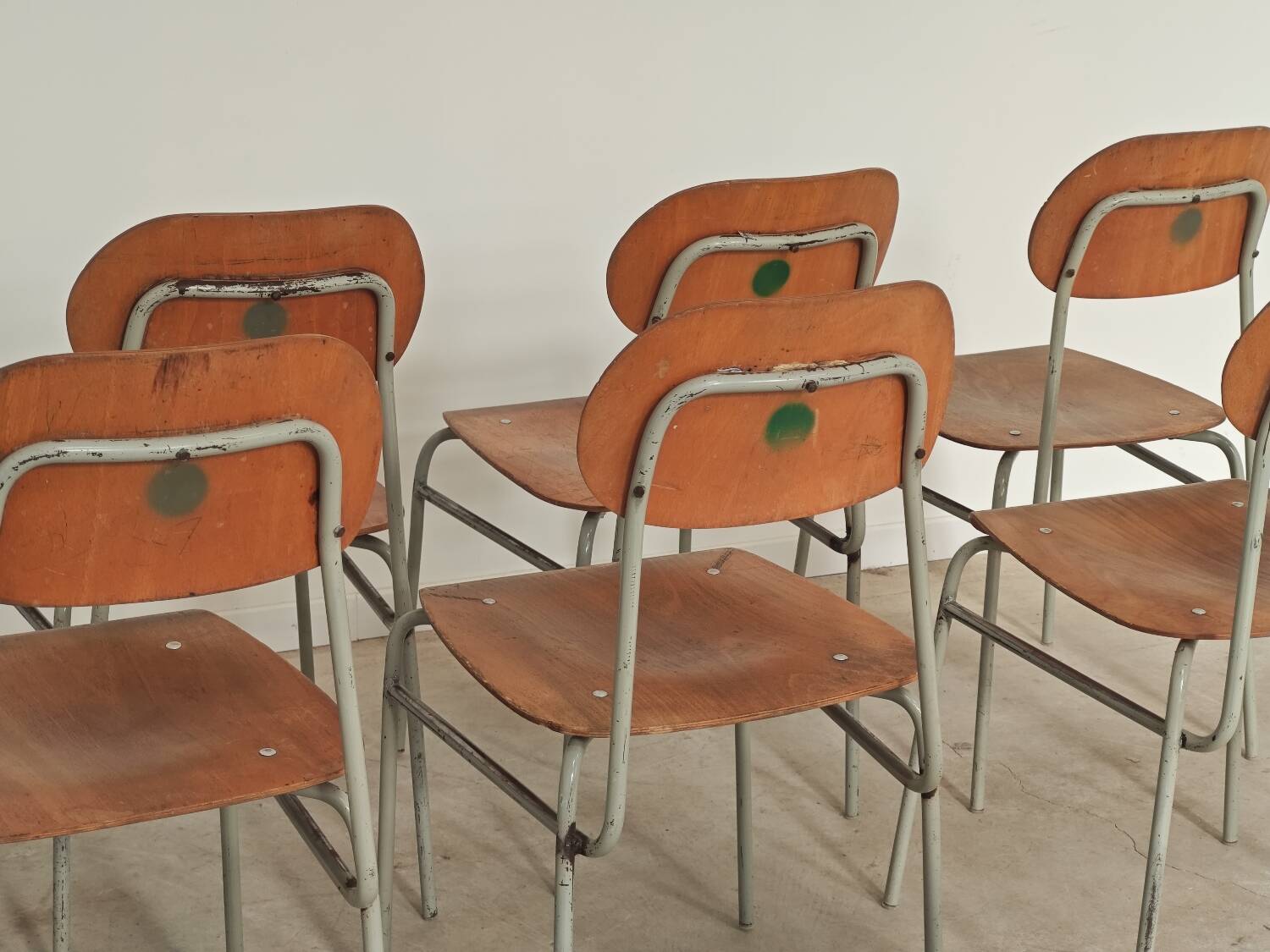 Set of 4 metal and wood school chairs, former Czechoslovakia, 1960.