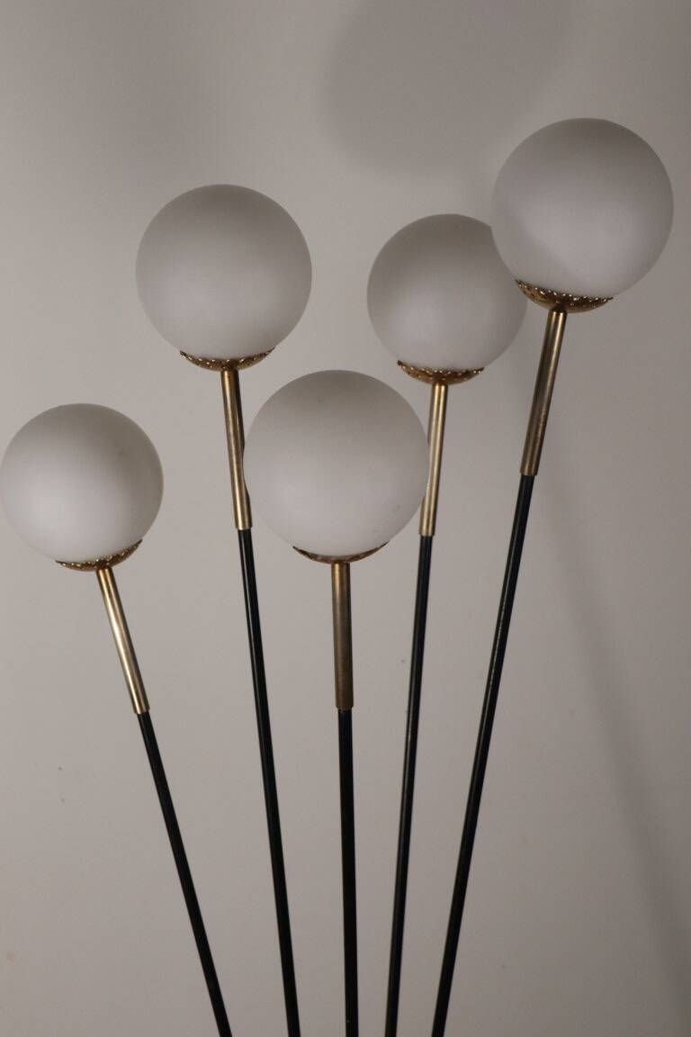 Vintage Arlus floor lamp in black lacquered metal and opaline globes, 1960