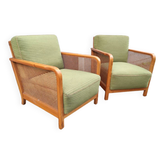 Lot de 2 Fauteuil Cocktail - Cannage - Scandinave - Velours - Canné - Vert