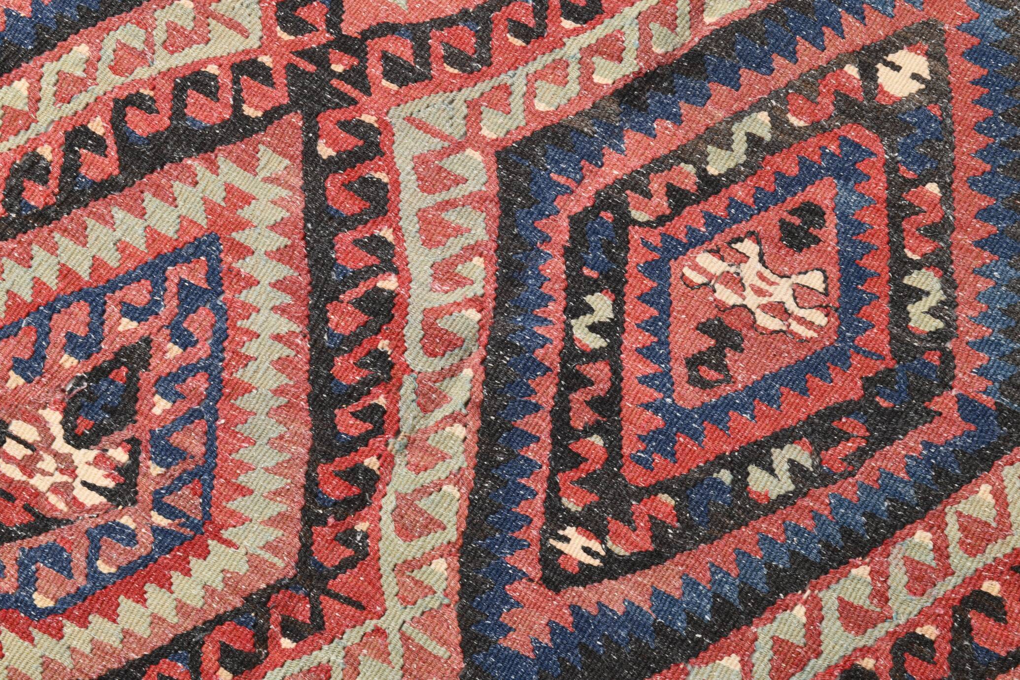 Kilim Ancien Fait Main en Laine Rouge et Bleu,Tapis Plat Vintage,165x231 Cm