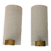 Pair of frosted perspex wall lights and brass, France 1960.
