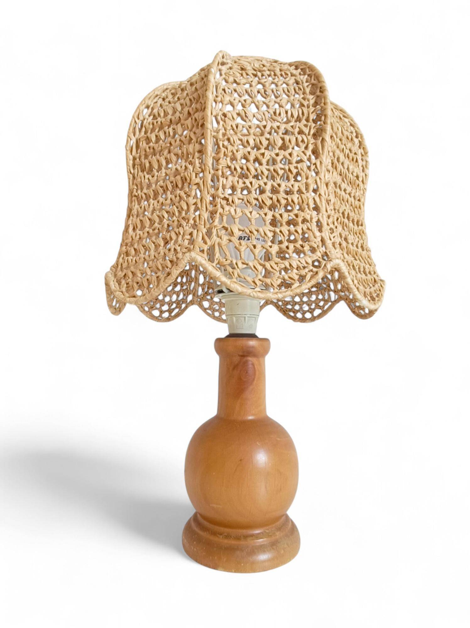 Mid-Century Bohemian Table Lamp, Pine Wood & Raffia, Italy, 1970s