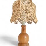 Mid-Century Bohemian Table Lamp, Pine Wood & Raffia, Italy, 1970s