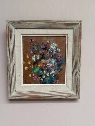 Mid-Century Oil on Panel “Flowers” by Unknown, Vintage & Framed