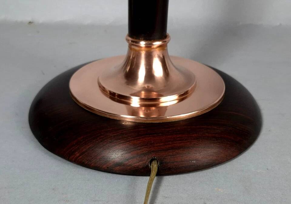 Antique large Mazda Art Deco lamp: opaline glass, wood & copper, 77 cm S802