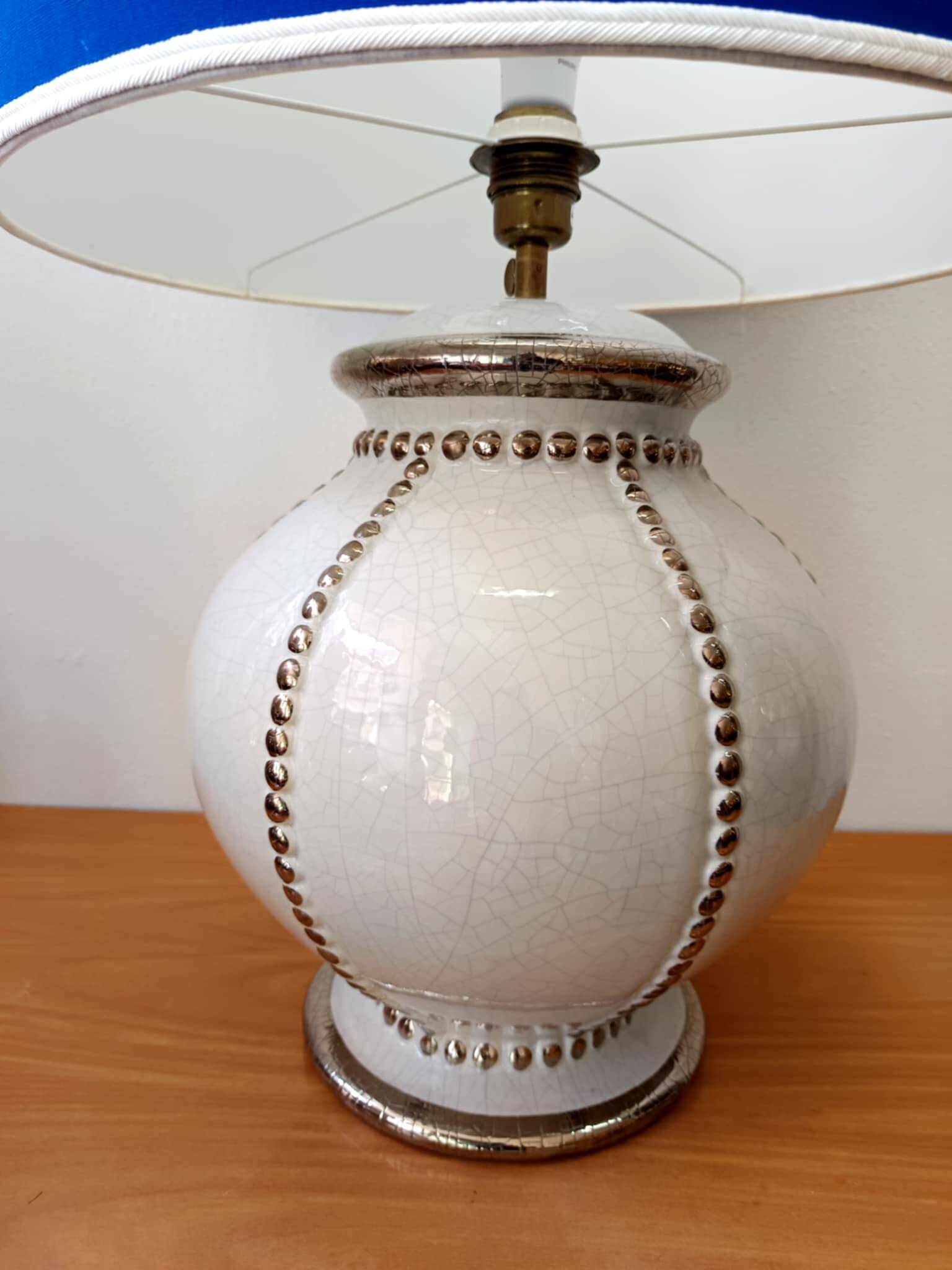 Longwy faience lamp with custom blue shade