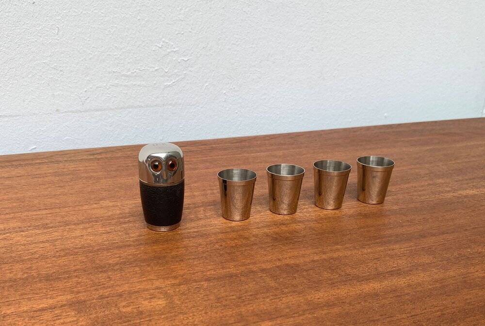 Set of 5 metal shot glasses in German owl style from the mid-century, 1960s.