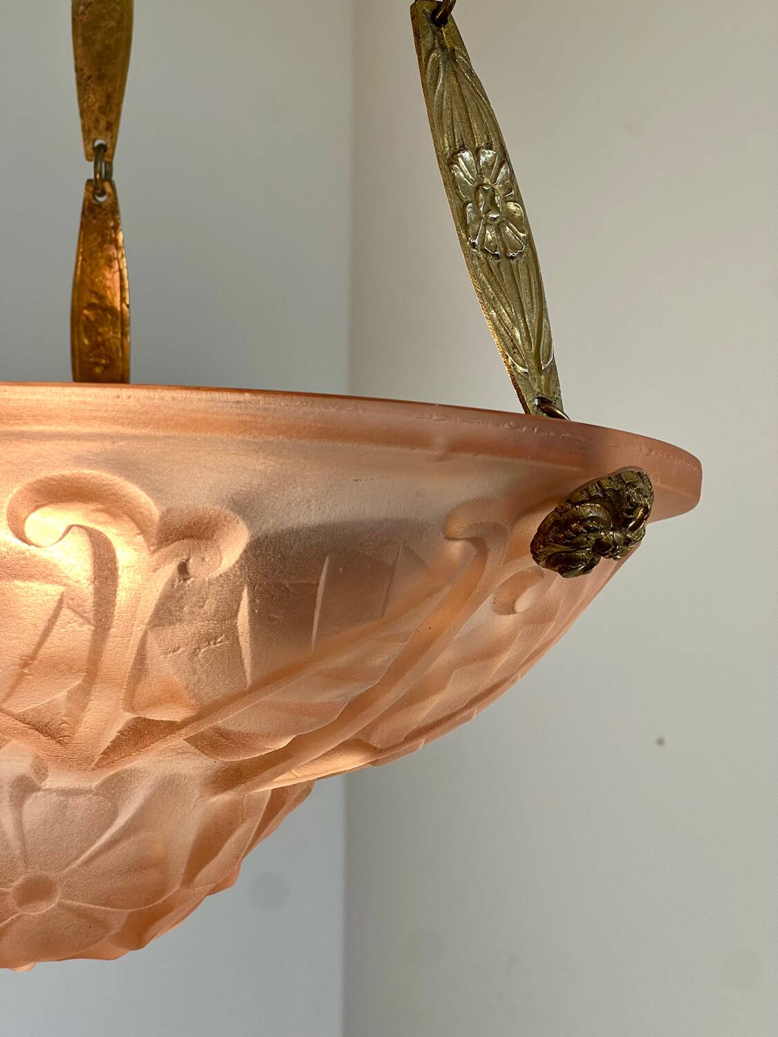Art Deco glass and bronze pendant light/basin signed Degué