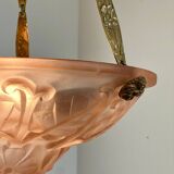 Art Deco glass and bronze pendant light/basin signed Degué