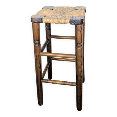 Tabouret haut en bois et paille