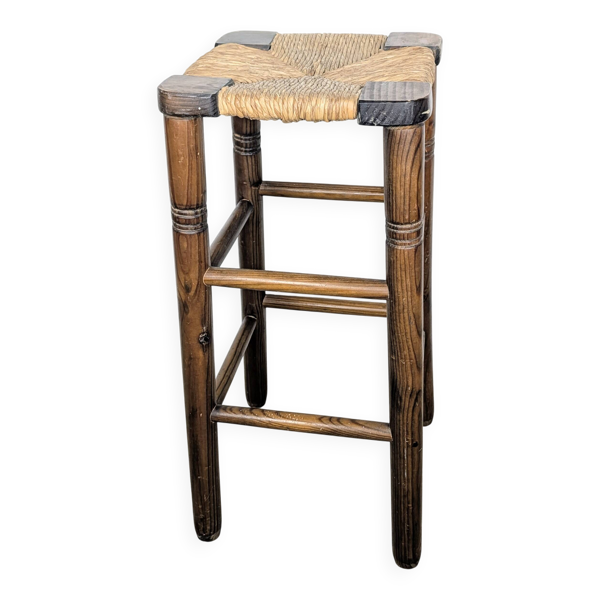 Tabouret haut en bois et paille