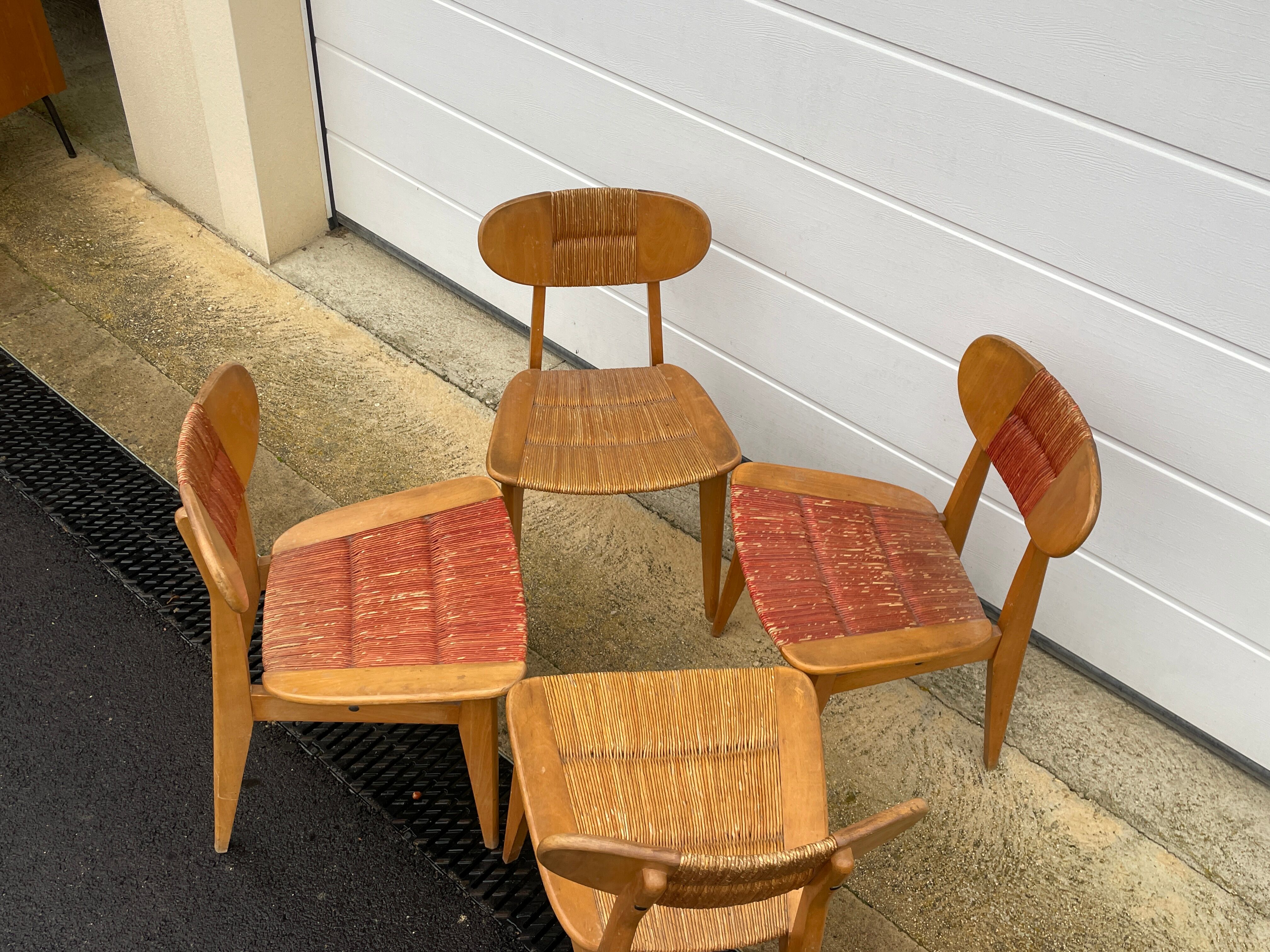 Série de 4 chaises paillées 1950 Roger landault  éditeur robert sentou