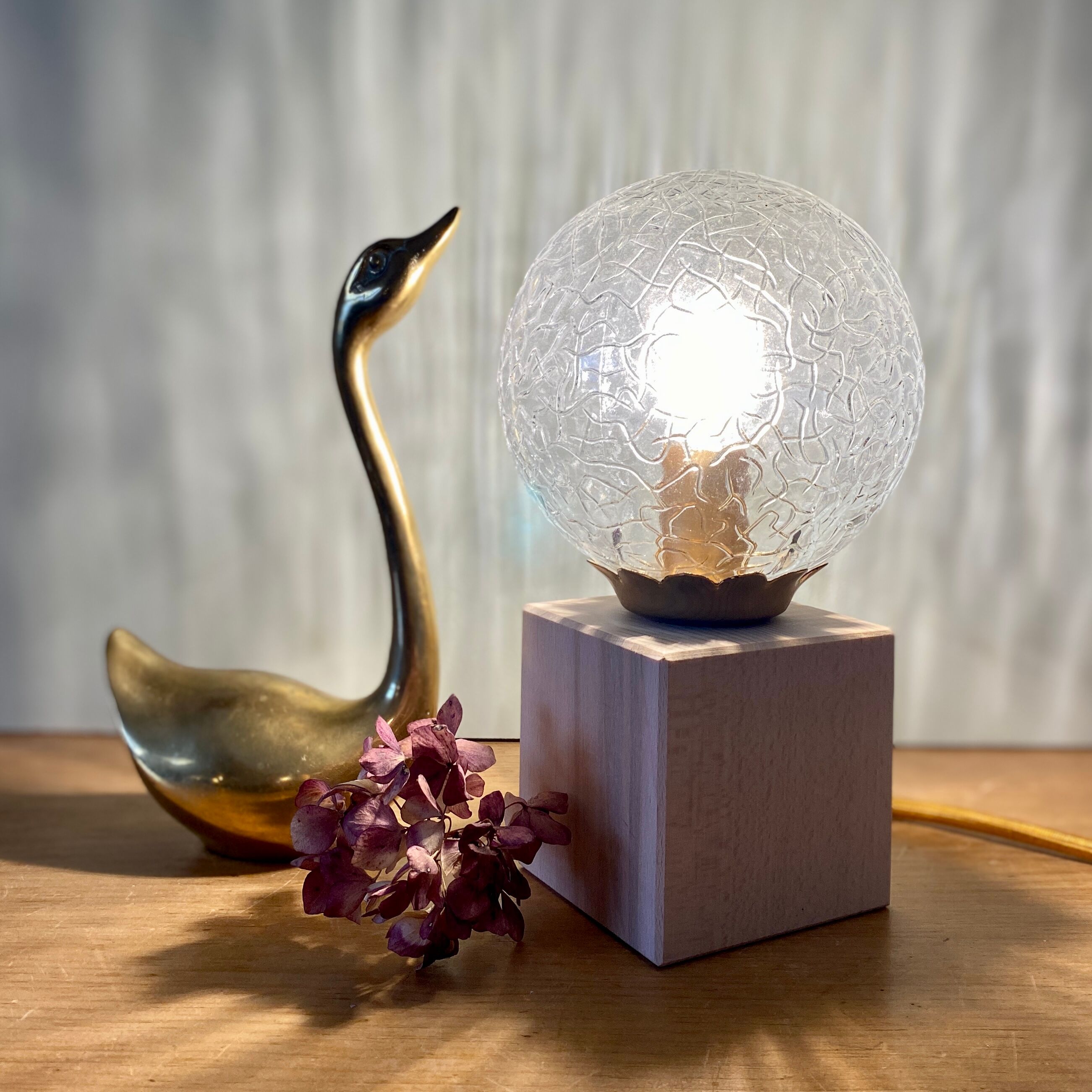 Vintage glass globe table lamp and wooden foot