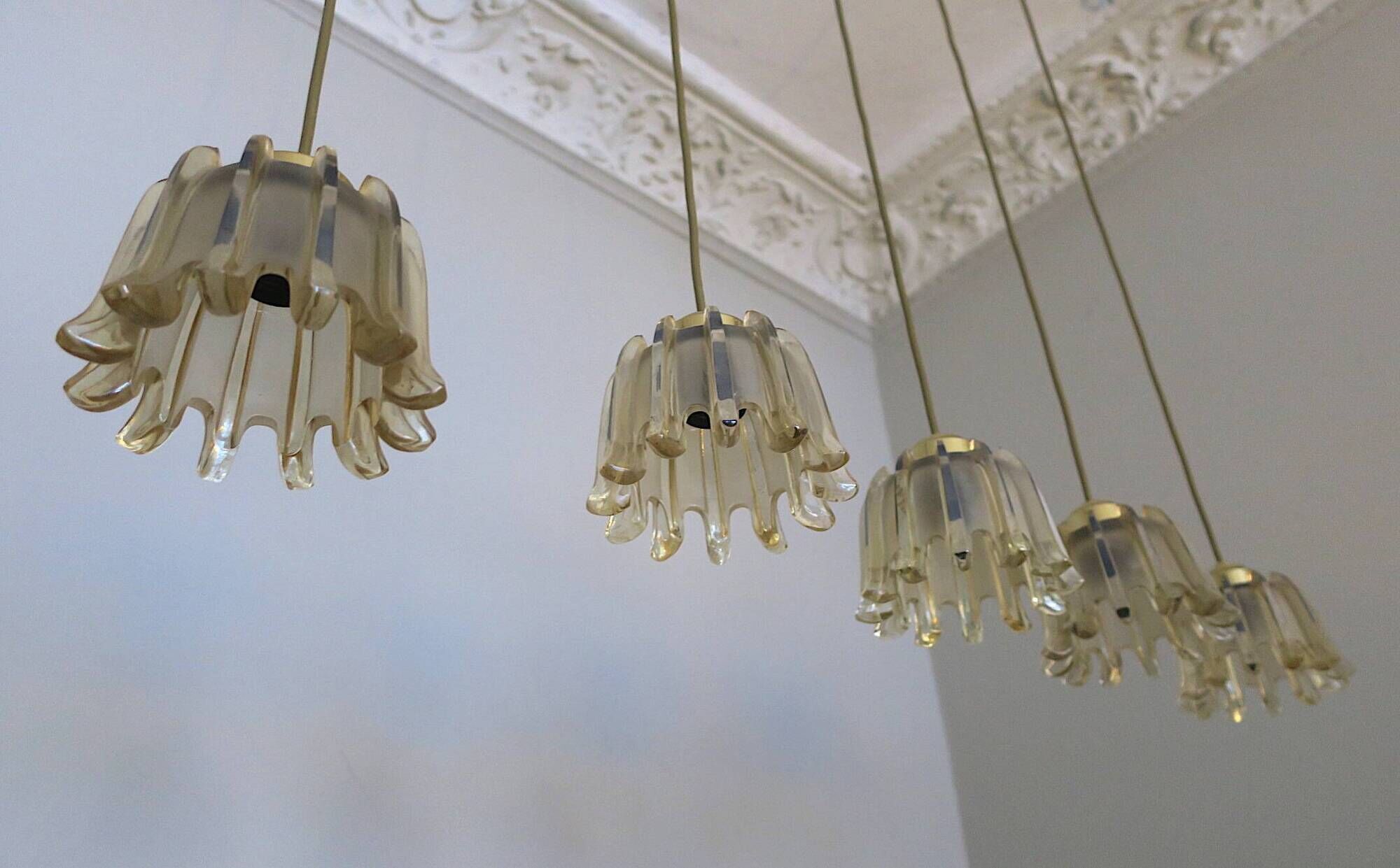 Set of 5 Doria  pendant lights in brass and amber-coloured glass, 1960s