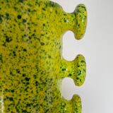 Handmade green speckled yellow ceramic vase with abstract handles