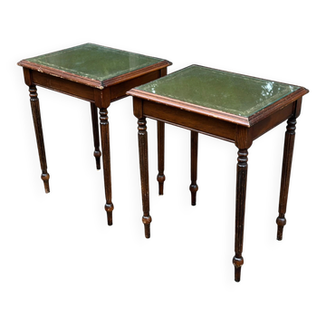 2 side tables, English Regency style, green leather & glass, 1960s.
