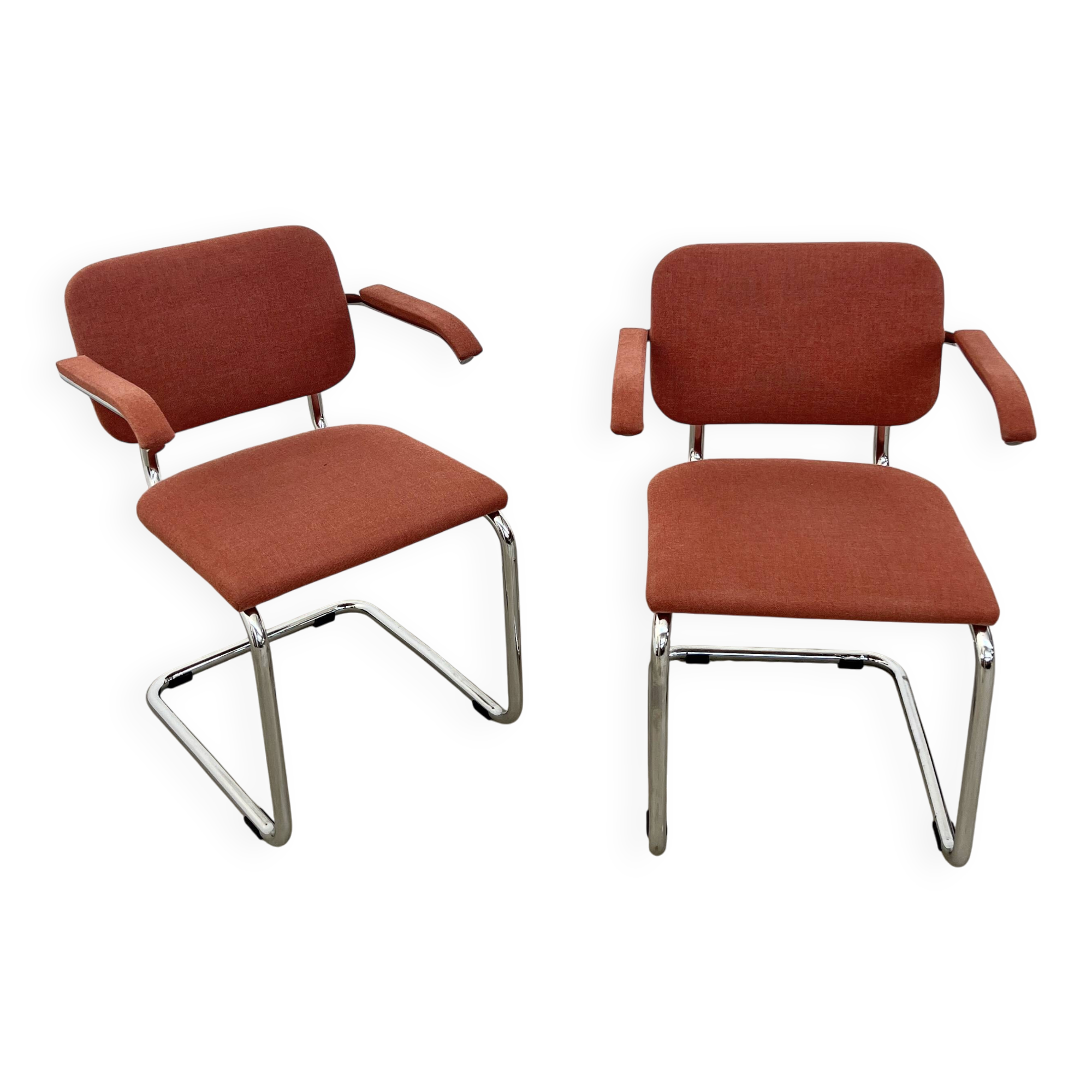 Pair of Marcel Breuer B64 Knoll armchairs in coral fabric