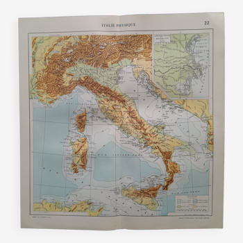 Une carte géographique issue atlas quillet 1925  carte : physique   italie  relief