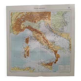 A geographical map from atlas quillet 1925 map: physical italy relief