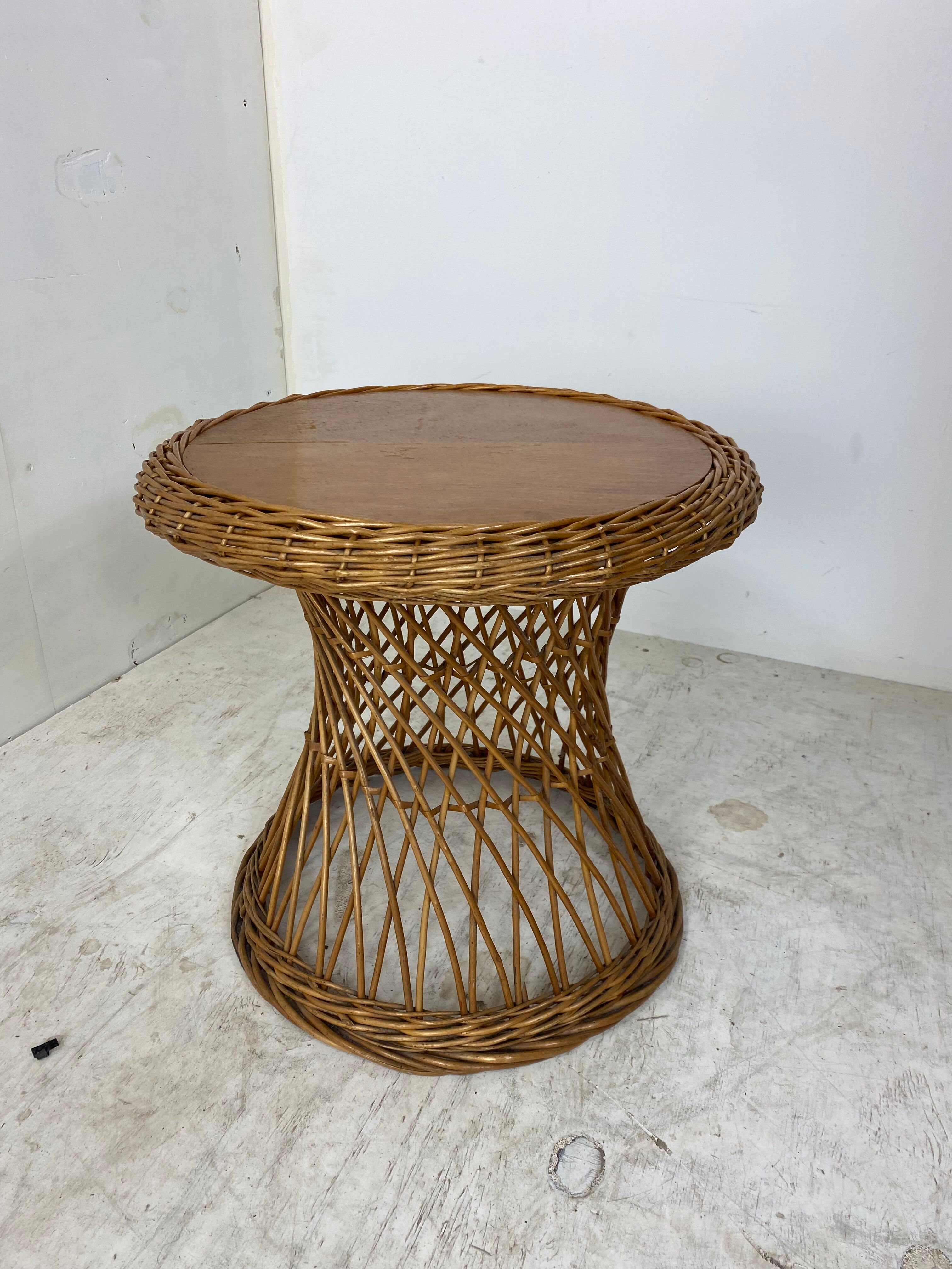 Vintage rattan and wood side table, 1960s