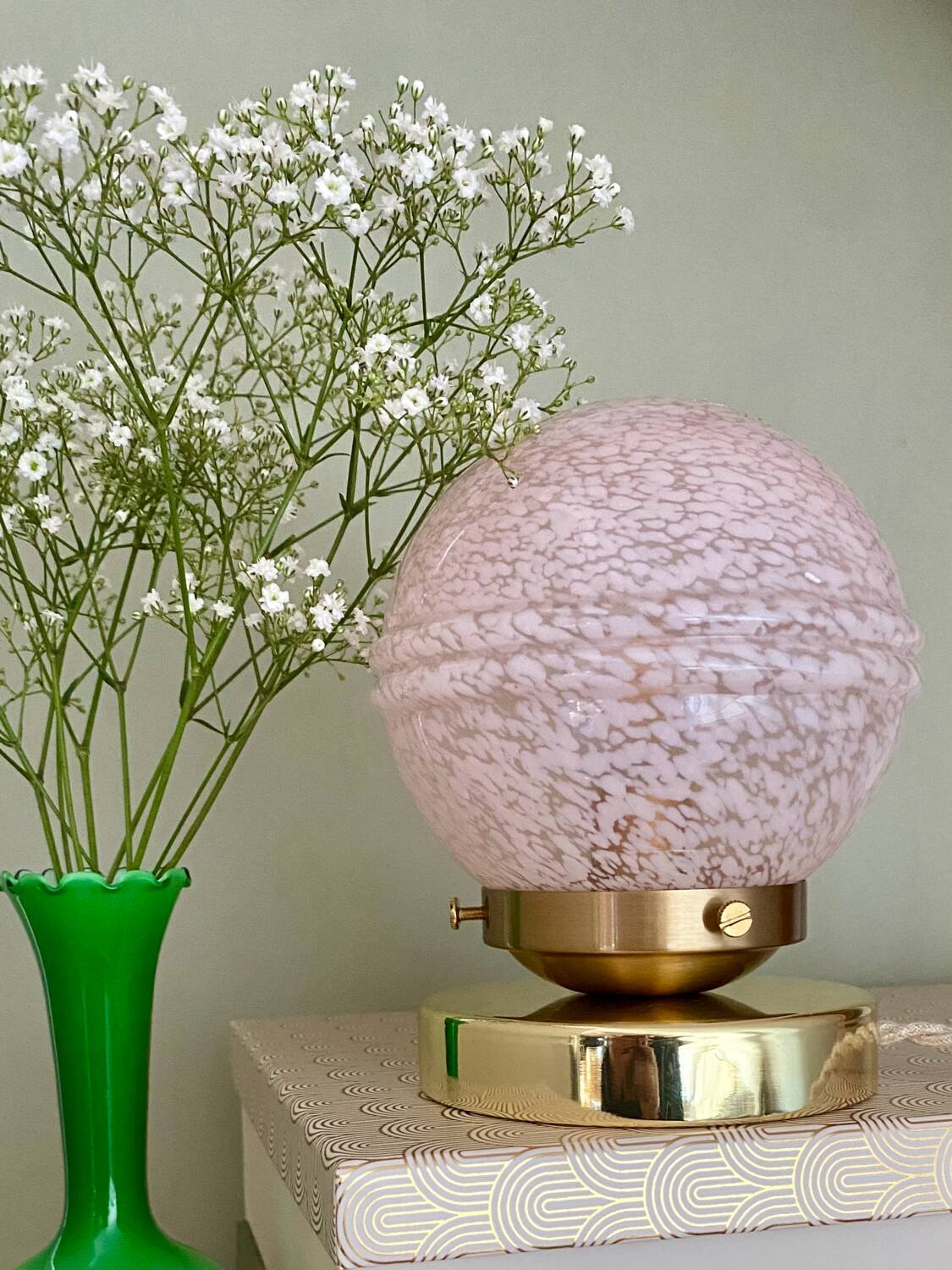 Vintage globe table lamp in pink Clichy glass