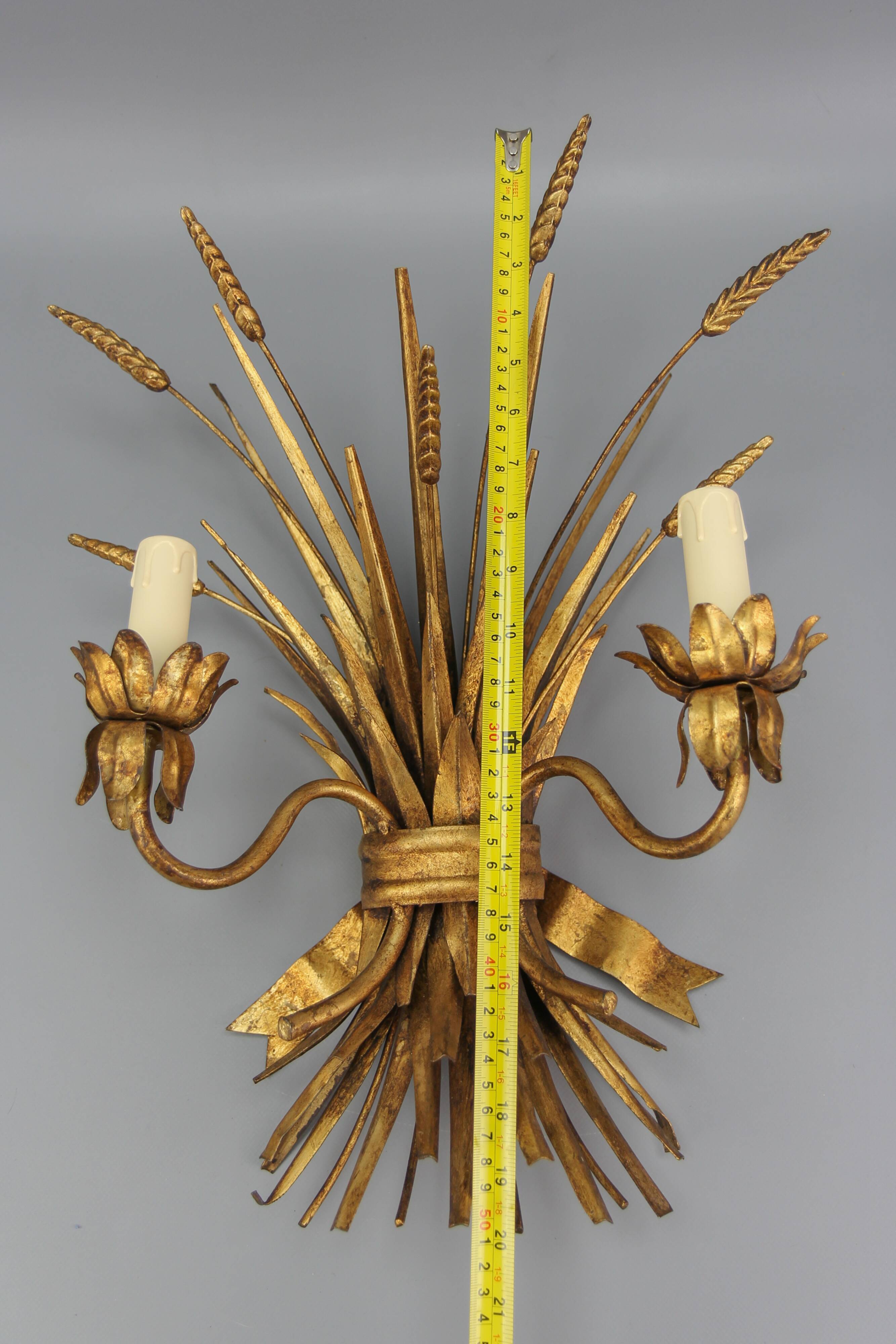 Gilt metal wheat sheaf two-light wall sconce
