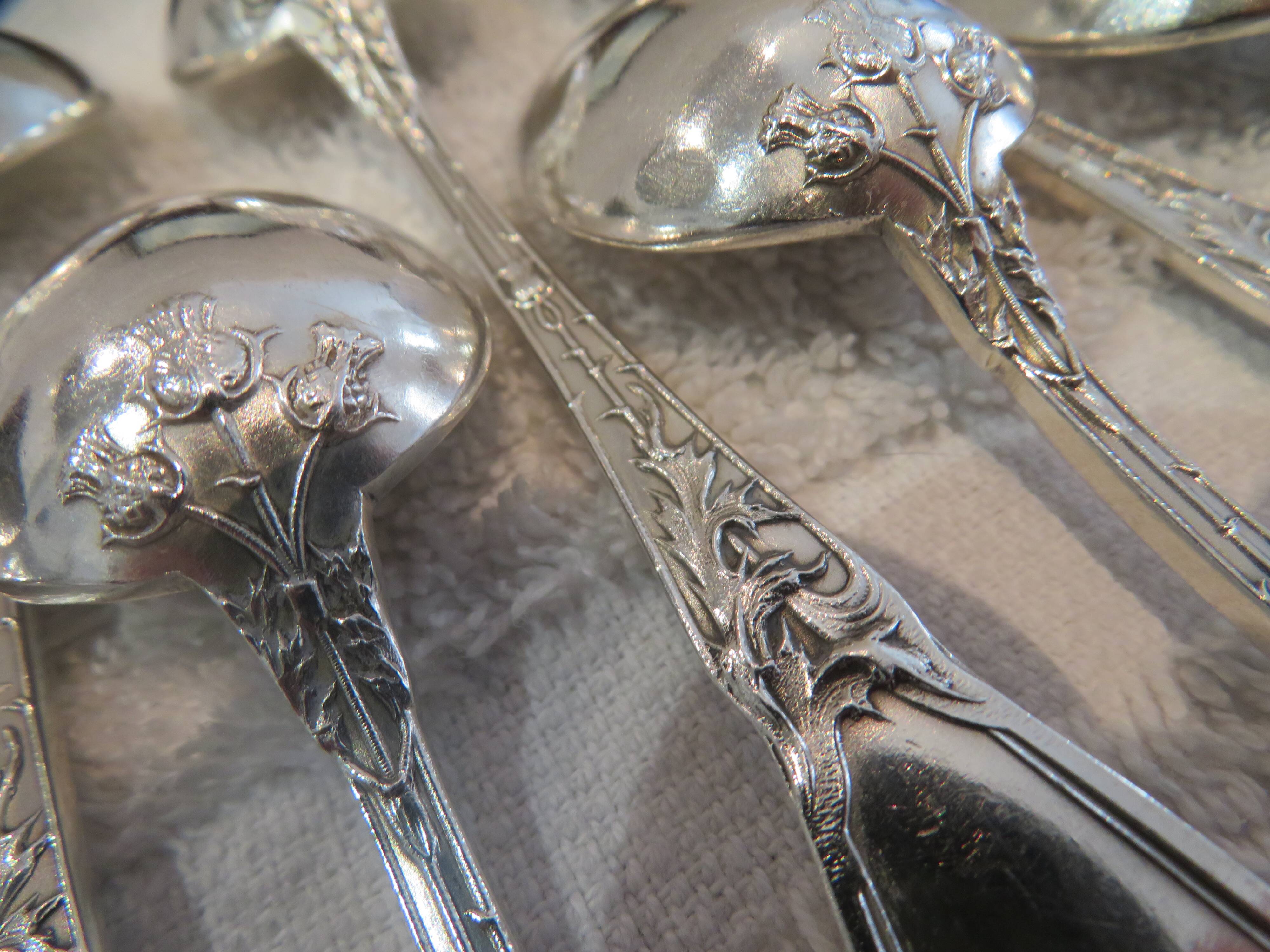 12 silver-plated coffee spoons by Boulenger, Art Nouveau thistles