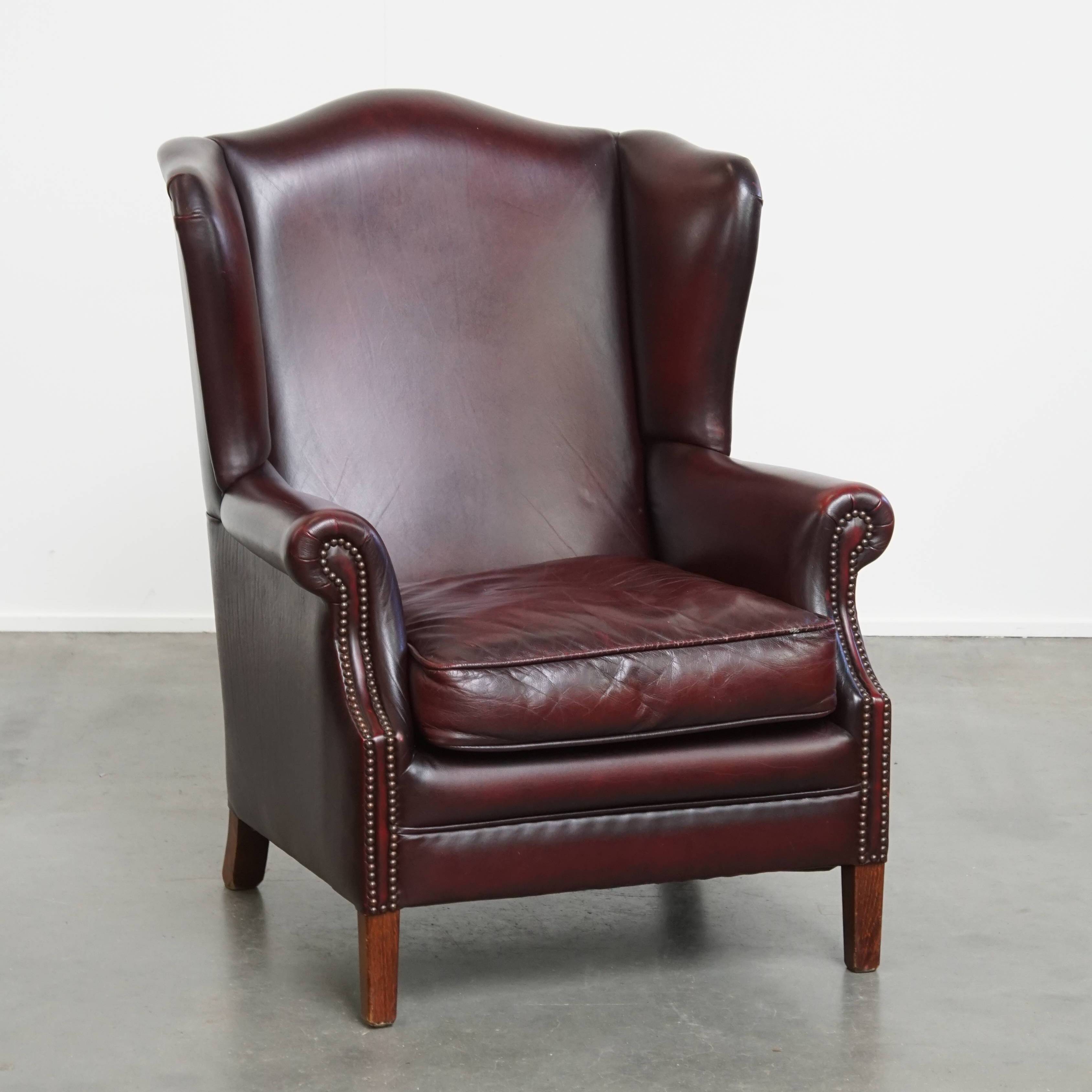 Bordeaux Red Cowhide Leather Wingback Chair in English Style