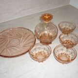 Service à liqueur art déco en verre transparent rose avec bouchon