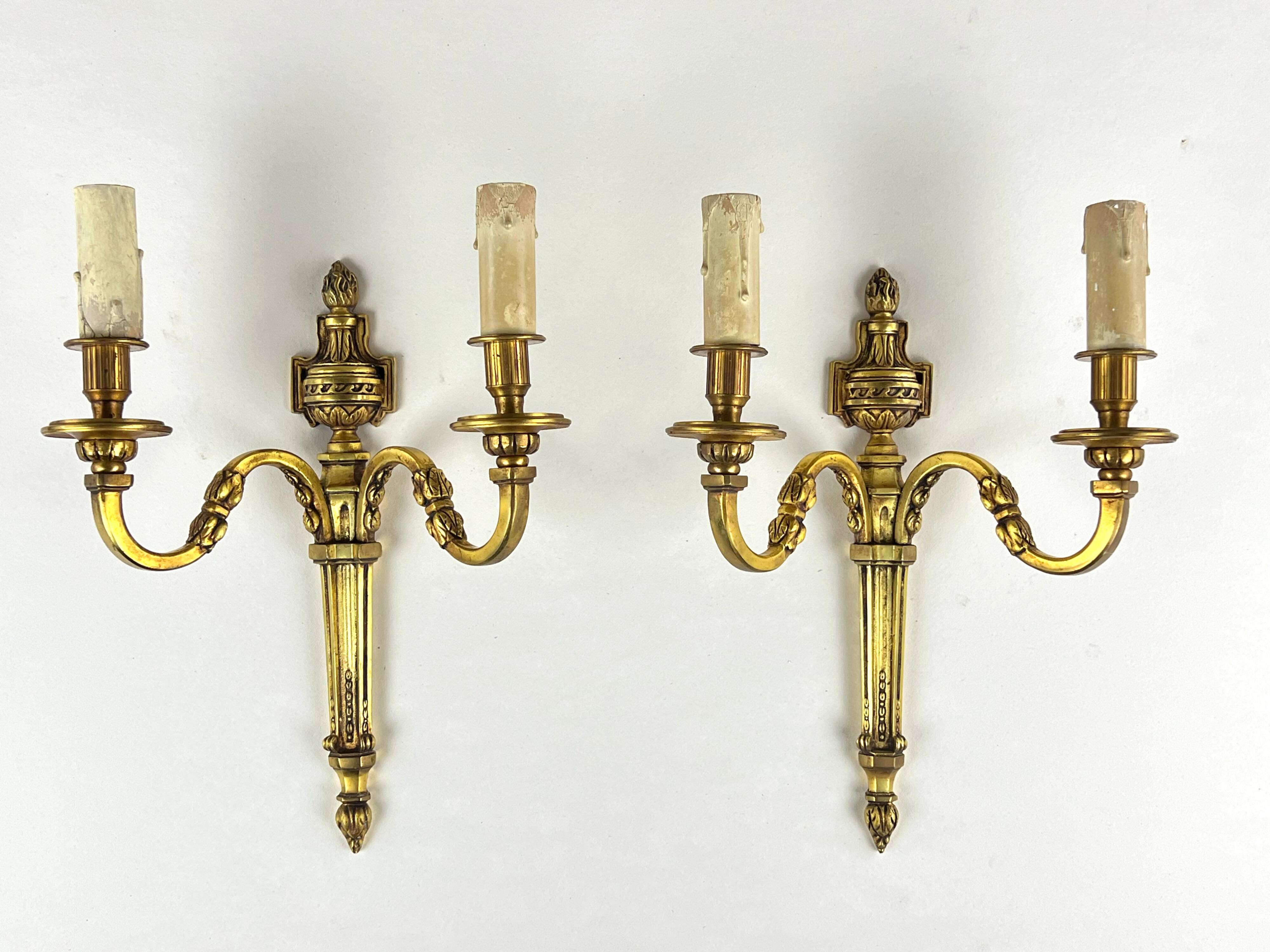 Pair of Wall Sconces - 2 Lights - Louis XVI Style - Gilt Bronze