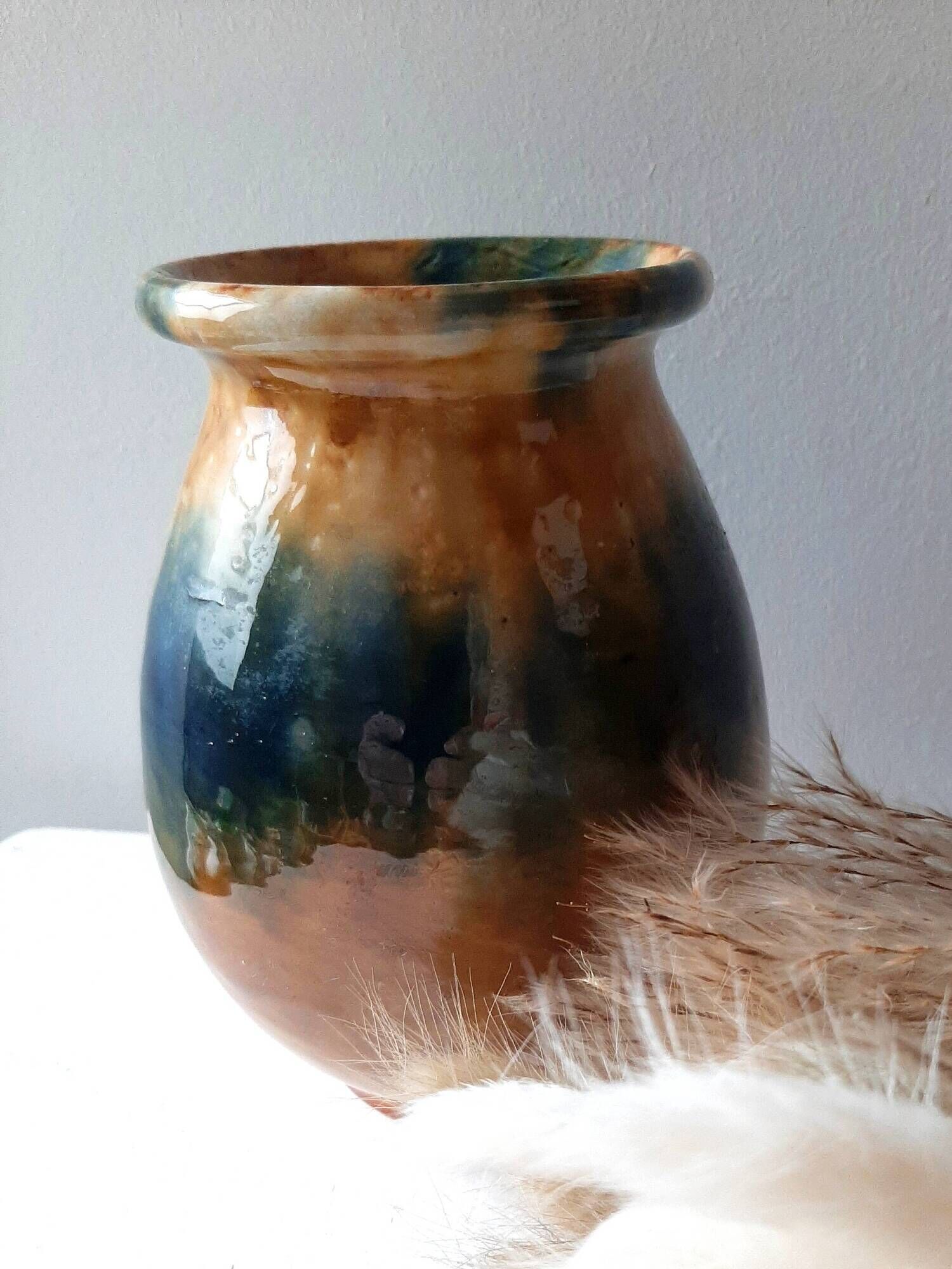 Aetgina vase Vallauris vintage in ochre and blue glazed ceramic.
