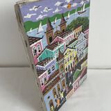 Acrylic painting, naive art, street scene Brazil, colorful colonial houses, sea, sailing boats