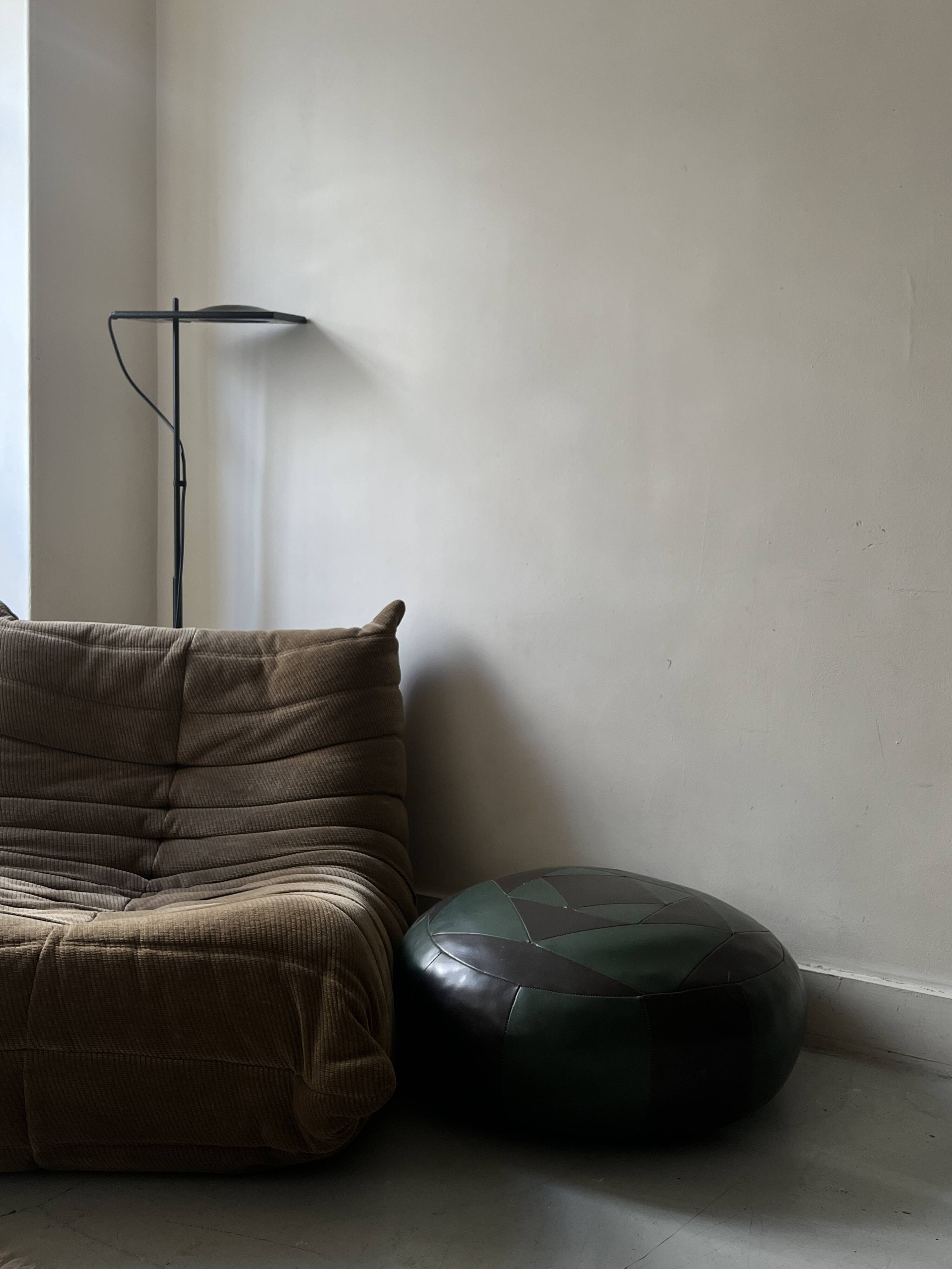 round pouf in genuine green and brown patchwork leather, 1970