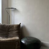 pouf rond en cuir véritable patchwork vert et marron, 1970
