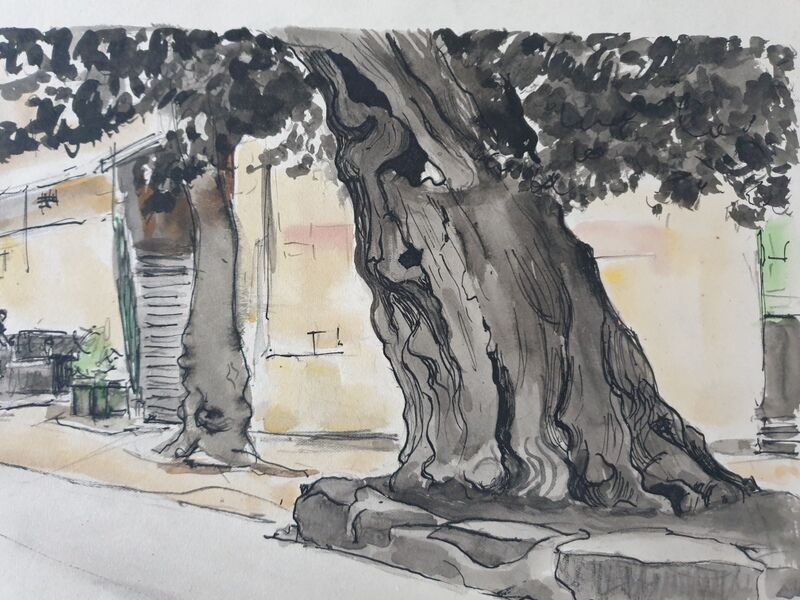 André Duculty (1912-1990) Watercolor on paper "Place de l'ormeau à Ramatuelle" Signed below