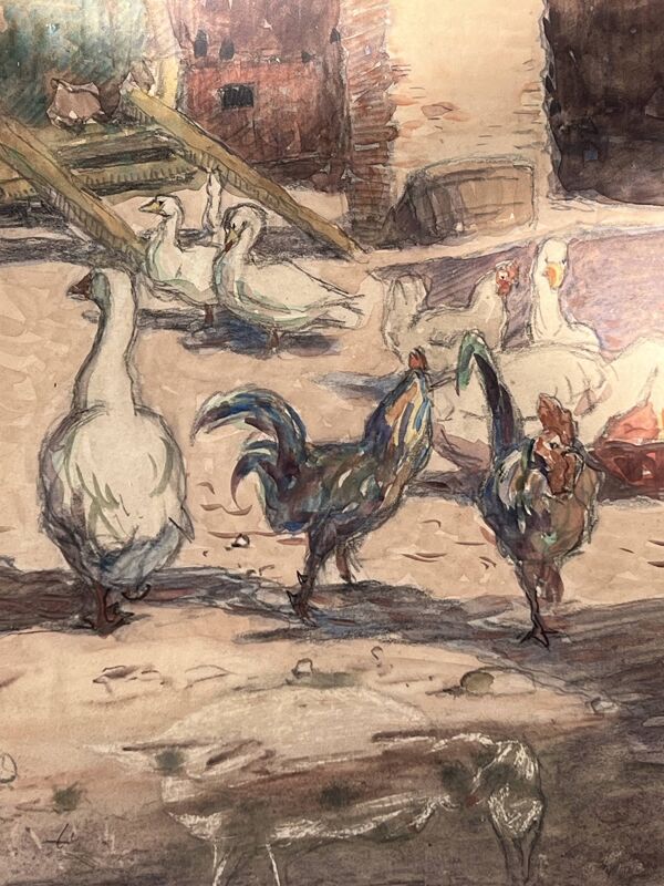 Aquarelle et crayon ''Le poulailler'' par A de Brou, 1926
