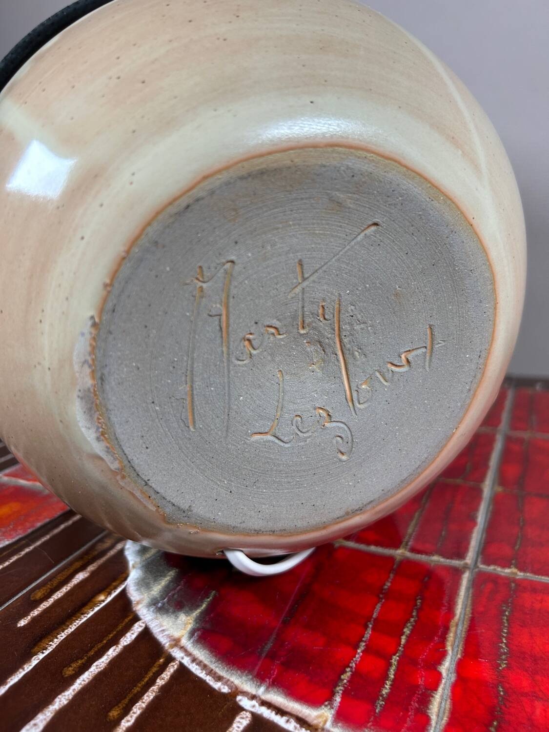 Original vintage ceramic and leather lamp