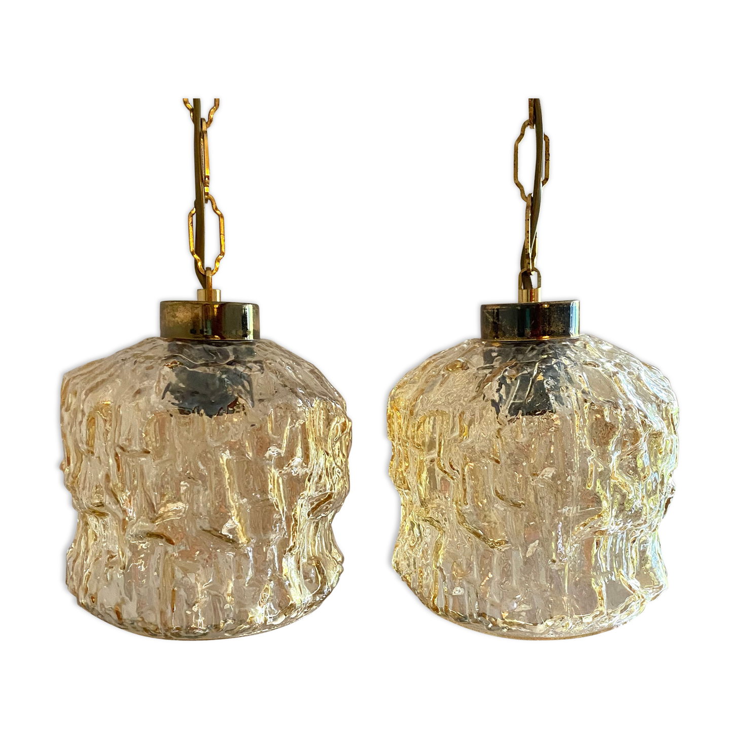 Pair of vintage amber glass pendant lamps