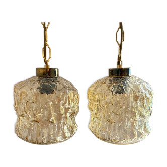 Pair of vintage amber glass pendant lamps