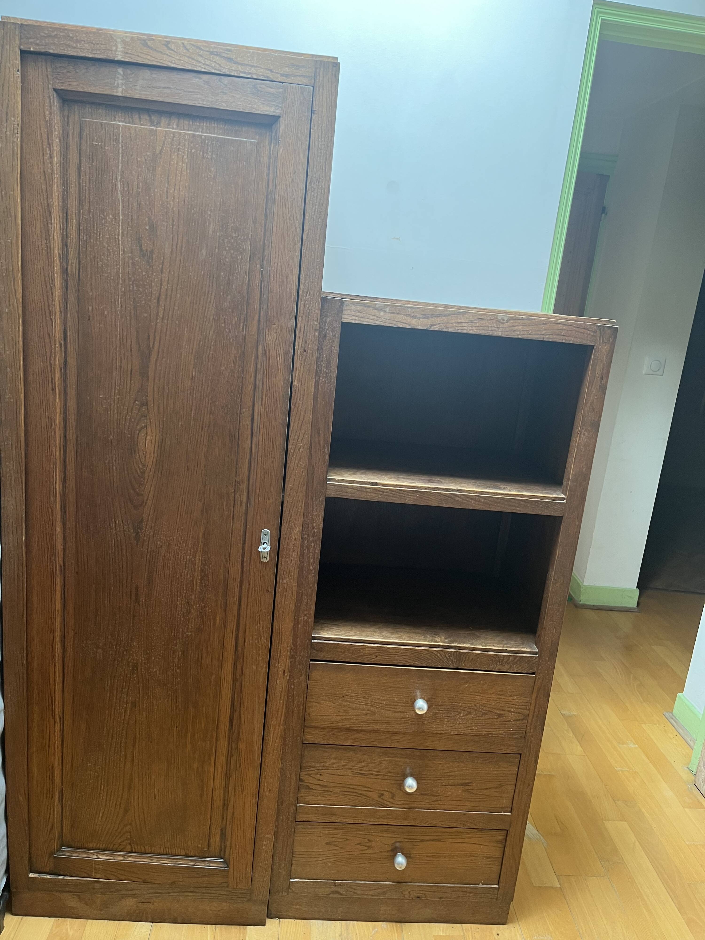 Wooden cabinet with drawers and shelves