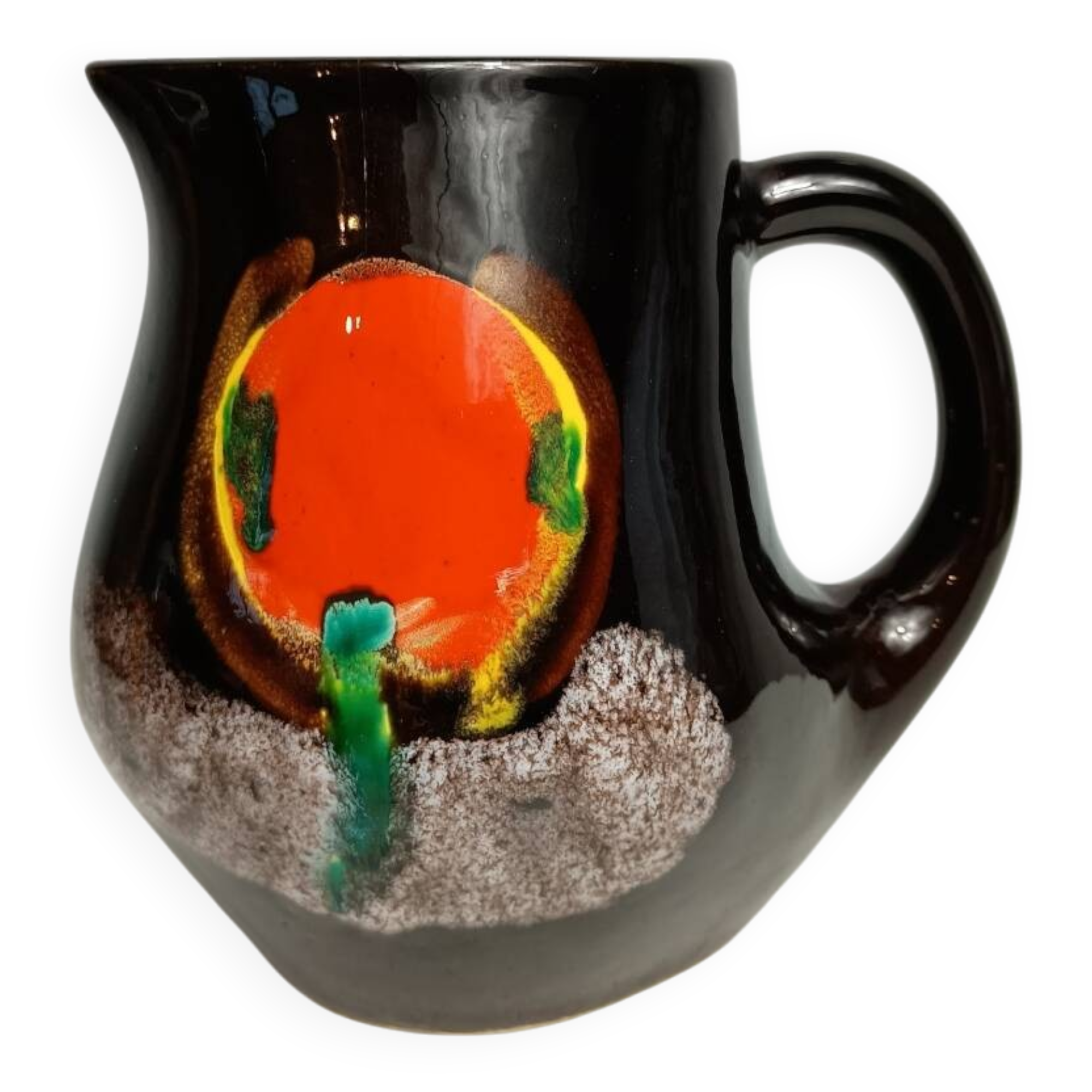Brown ceramic pitcher with coloured patterns signed Bresse.