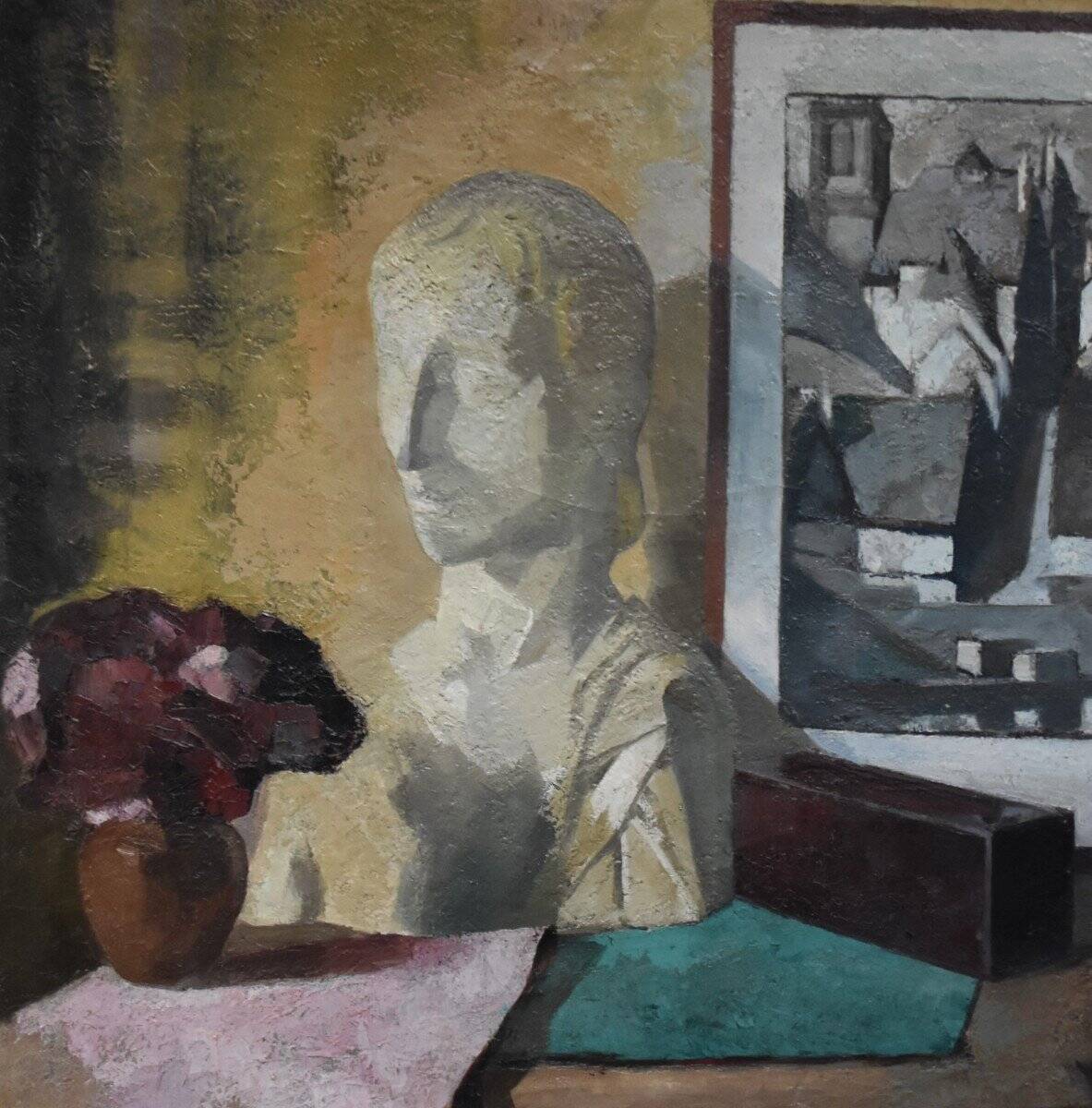 Roger Cortet (1910-1978) Still Life with White Sculpture Oil on Canvas Signed