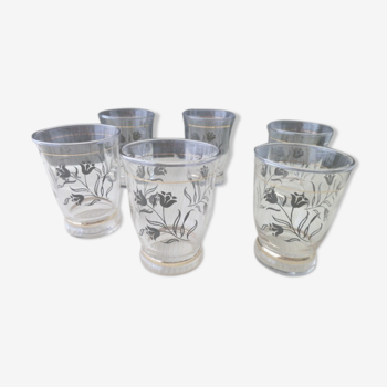 Set de 6 verres de table vintage forme gobelet décor floral noir
