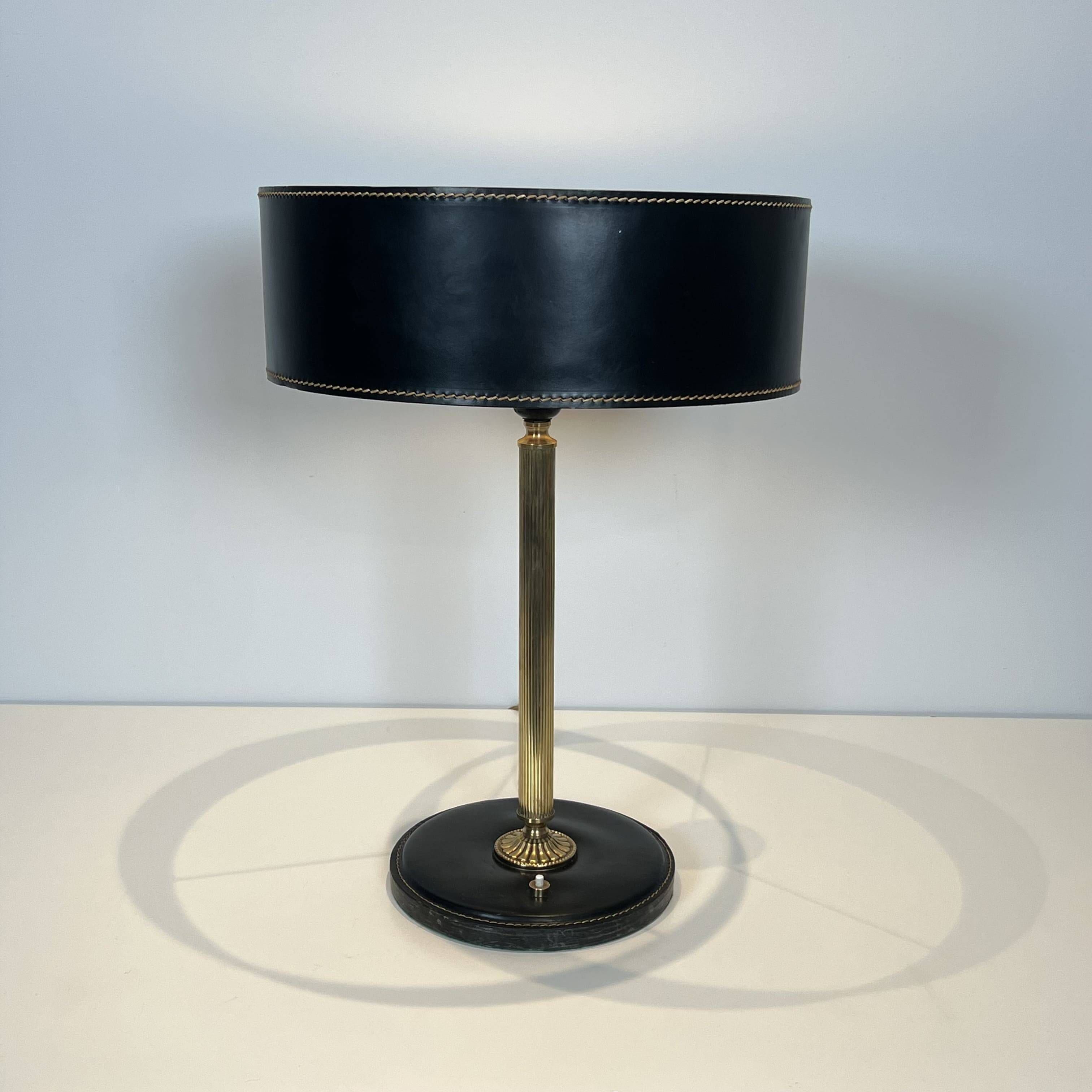 Black Quilted Leather Table Lamp and Golden Brass. French Craftsmanship.