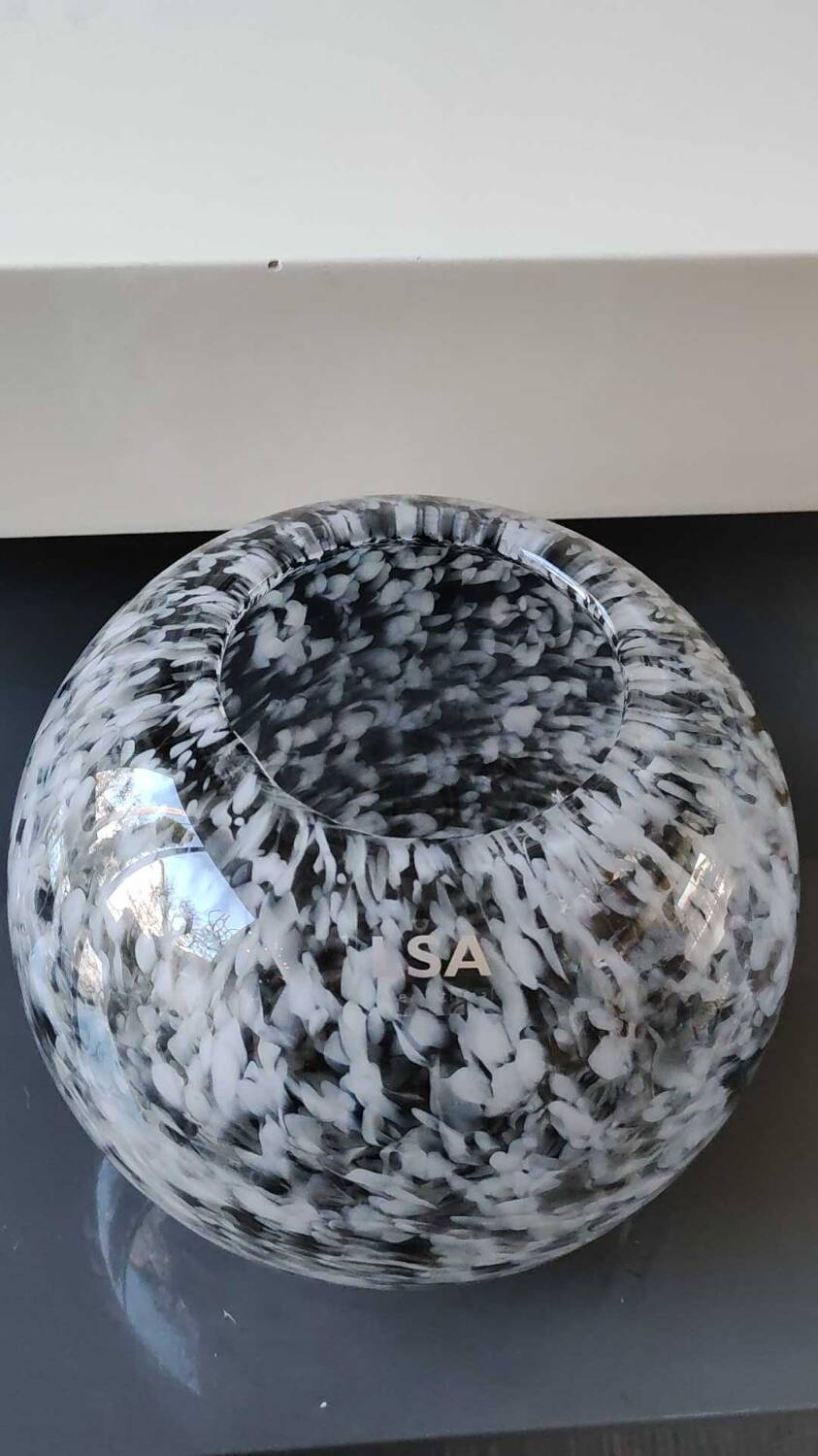 Spherical/ball vase in blown art glass. lsa international. smoked gray speckled white. size 14 x 15 cm