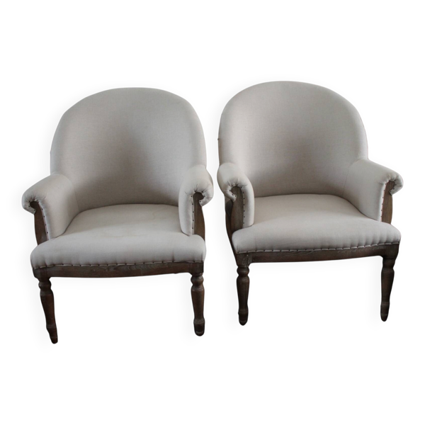 Paire de bergères beige et bois cérusé
