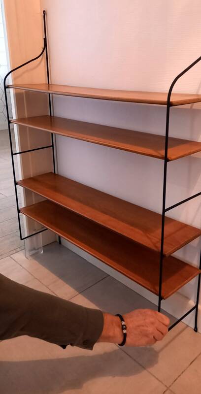 Vintage metal and solid wood string style wall shelf.