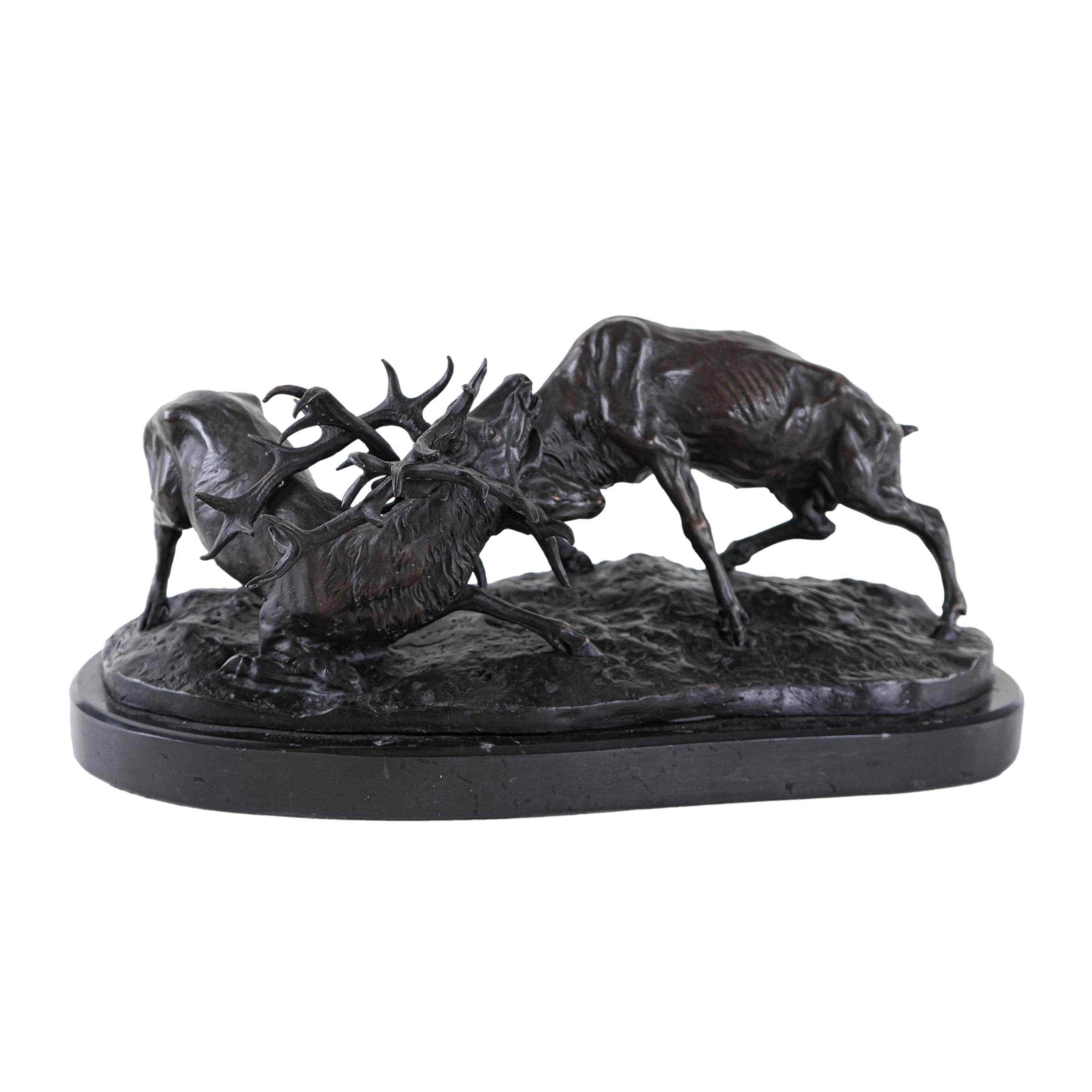 Fighting stags bronze sculpture by Pierre-Jules Mêne French animalier art